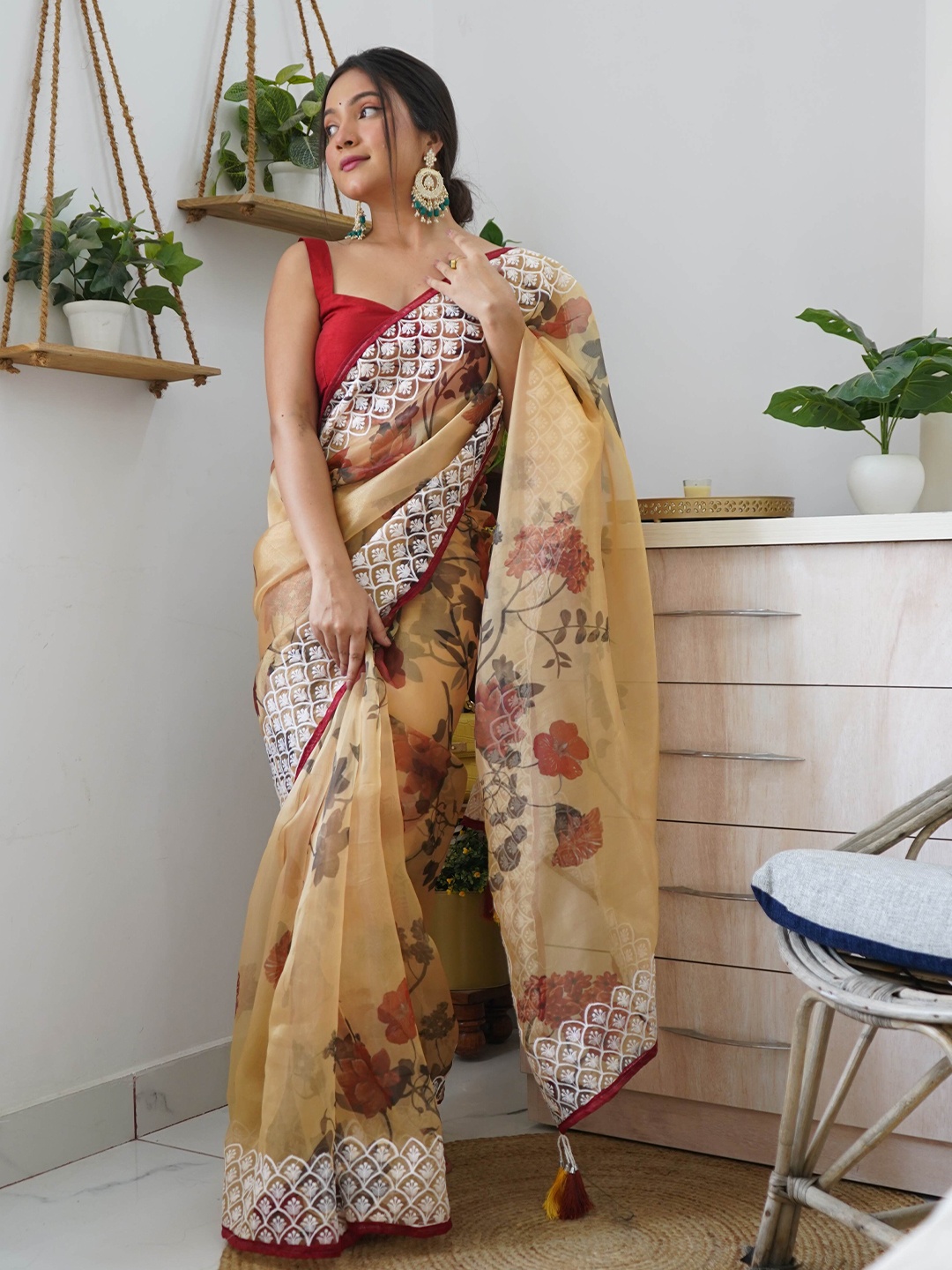 

DEVATITHI Floral Organza Saree, Mustard