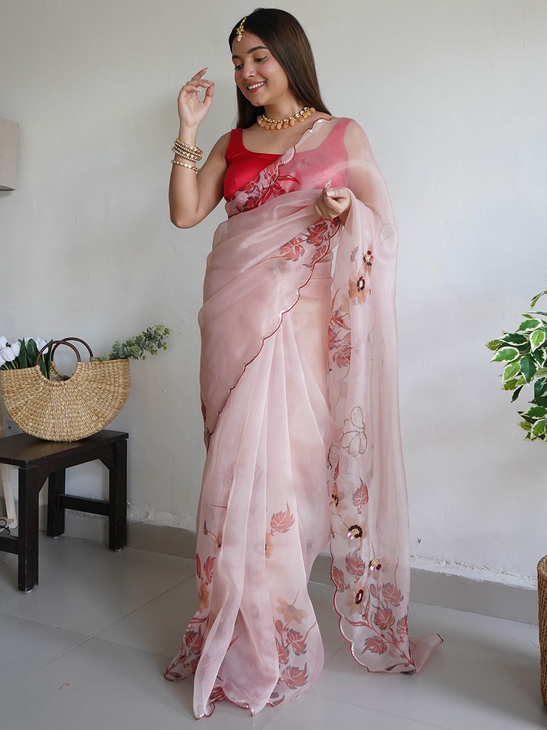 

DEVATITHI Floral Sequinned Organza Saree, Peach