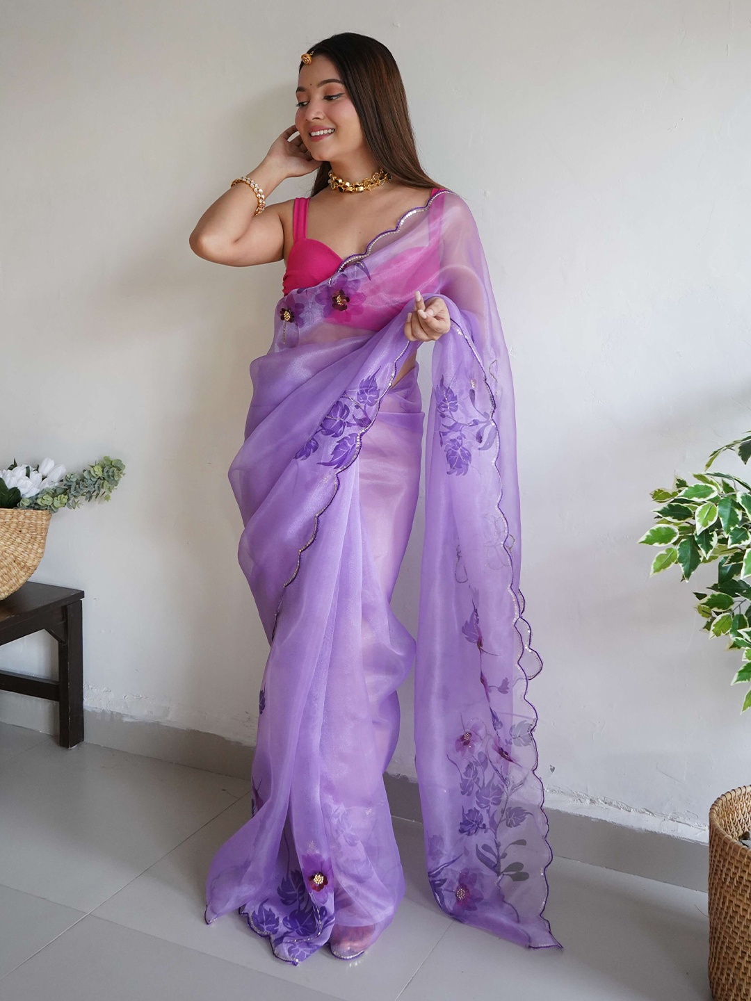 

DEVATITHI Floral Embroidered Organza Saree, Purple