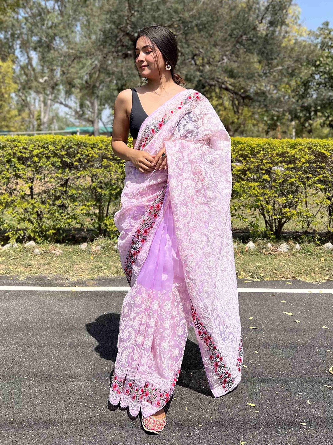 

DEVATITHI Floral Embroidered Organza Saree, Purple