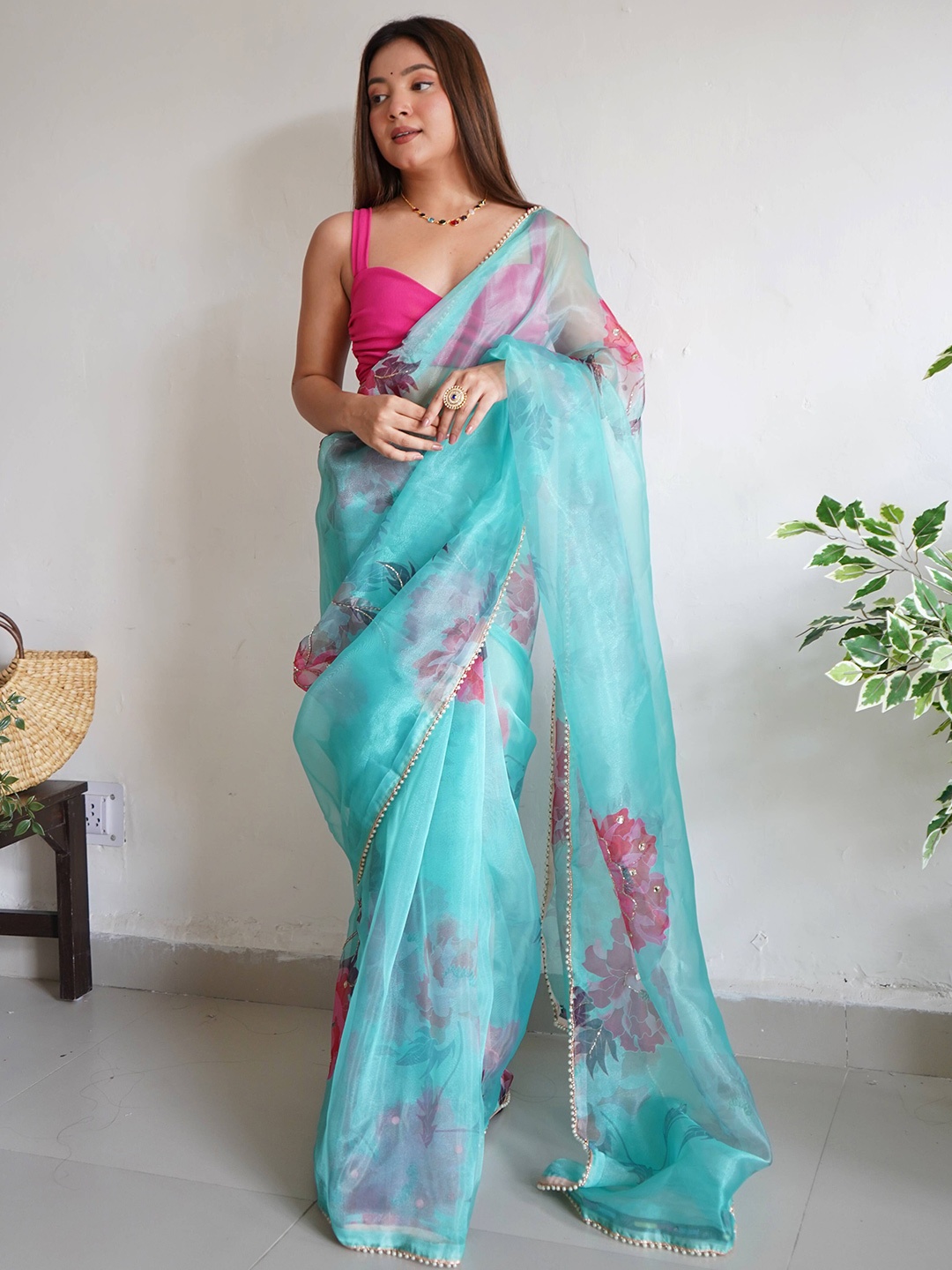 

DEVATITHI Floral Beads and Stones Organza Saree, Blue