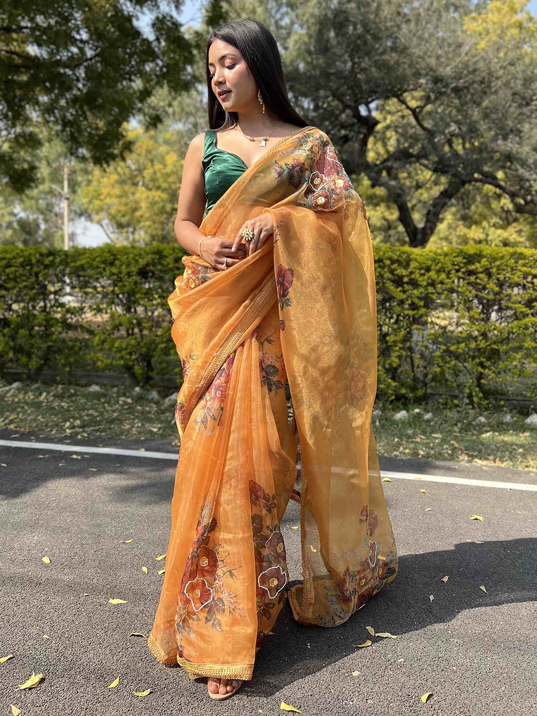 

DEVATITHI Floral Embroidered Organza Saree, Mustard