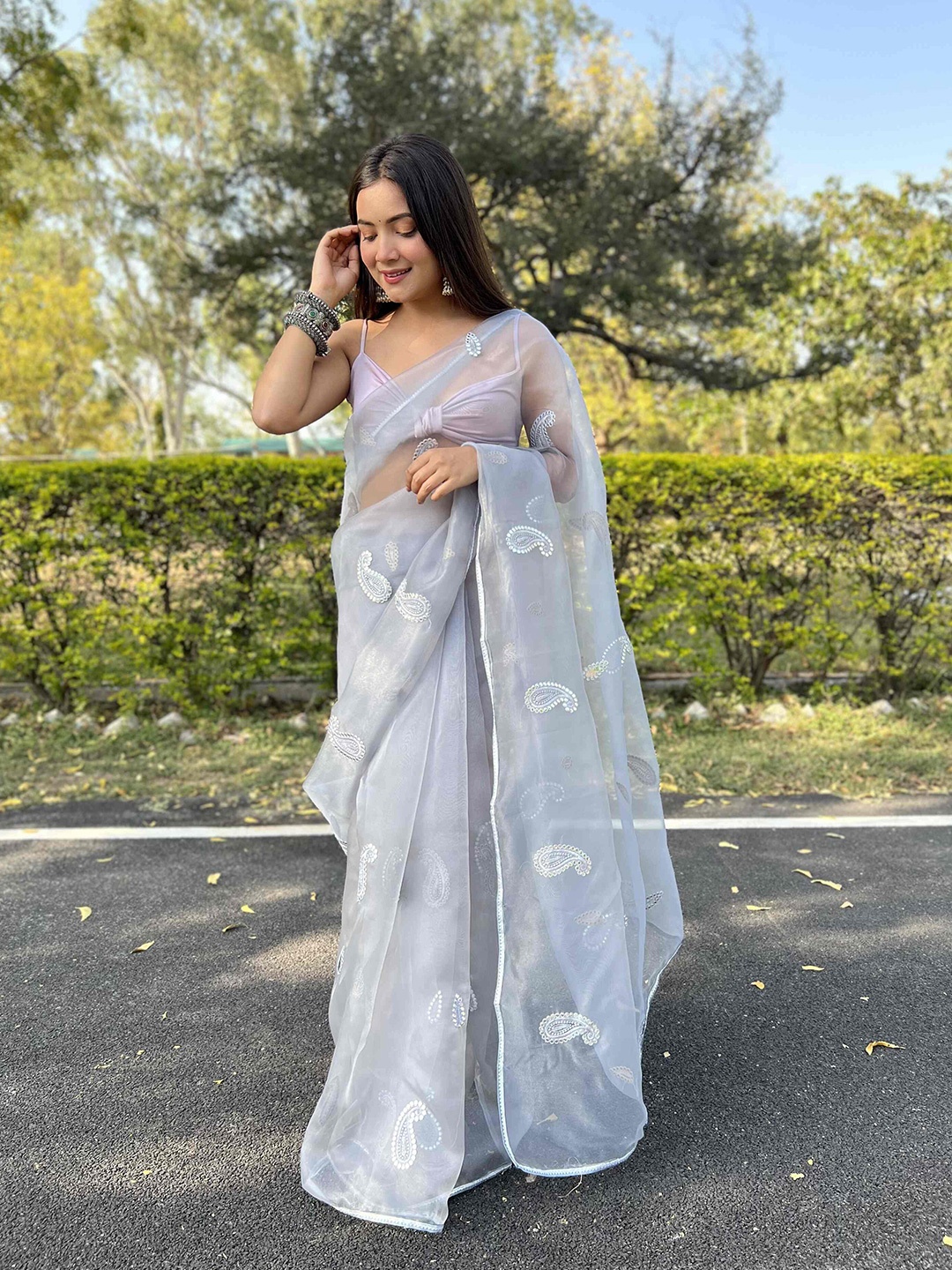 

DEVATITHI Paisley Mirror Work Organza Saree, Grey