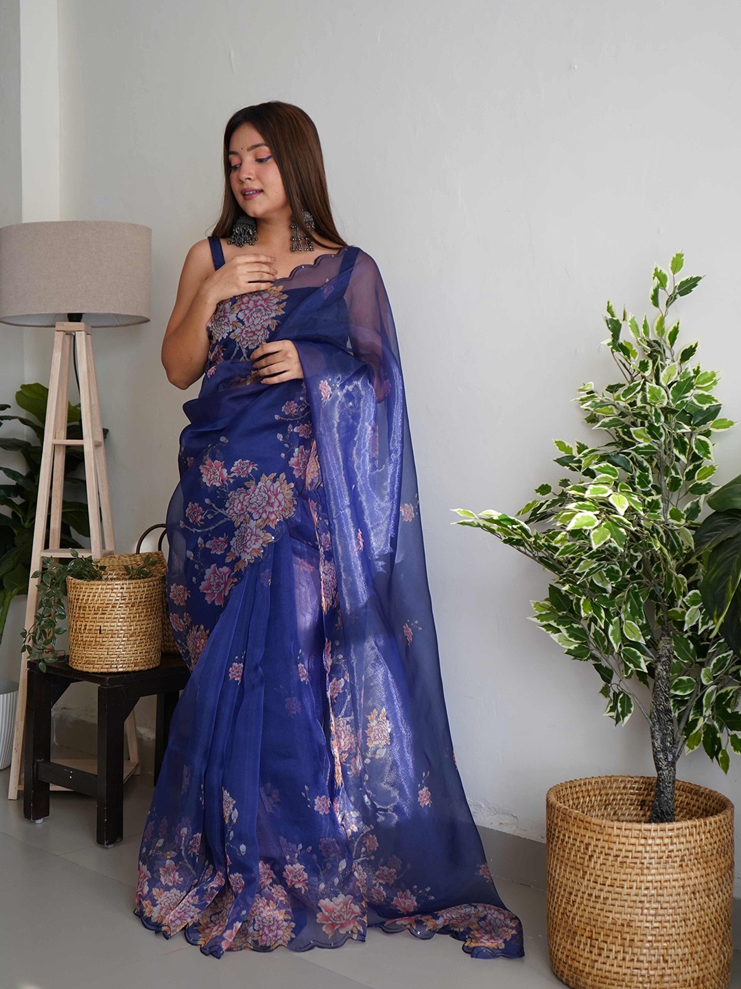 

DEVATITHI Floral Embroidered Organza Saree, Navy blue