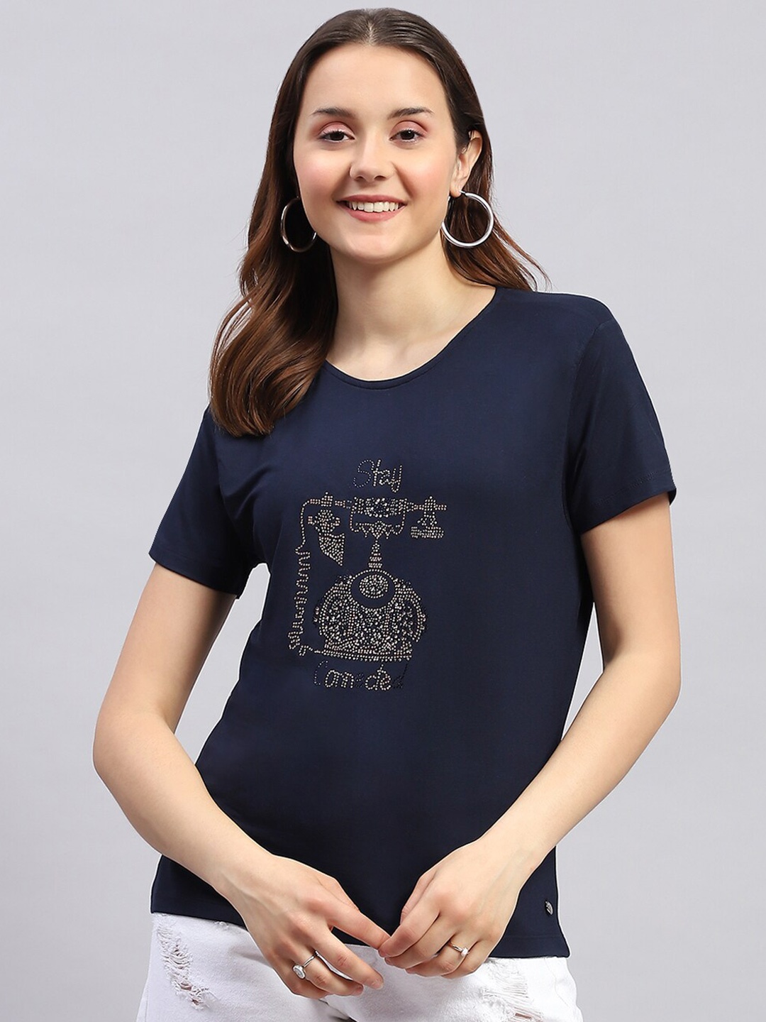 

Monte Carlo Graphic Printed Round Neck Short Sleeves Casual Top, Navy blue