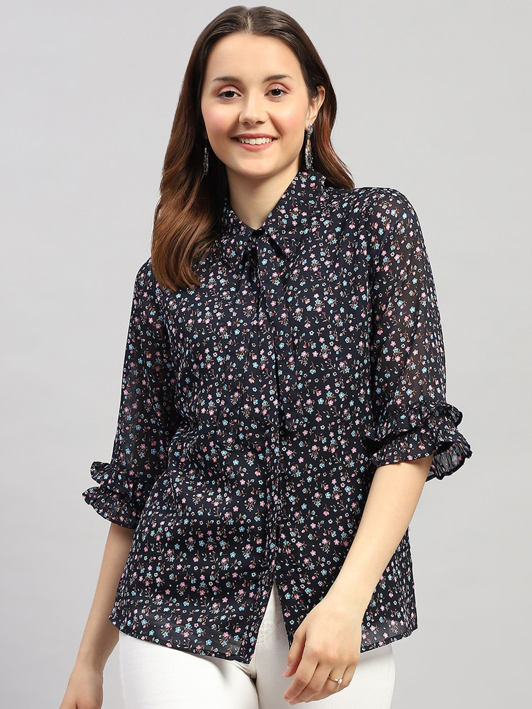 

Monte Carlo Floral Printed Tie-Up Neck Flared Sleeve Shirt Style Top, Navy blue