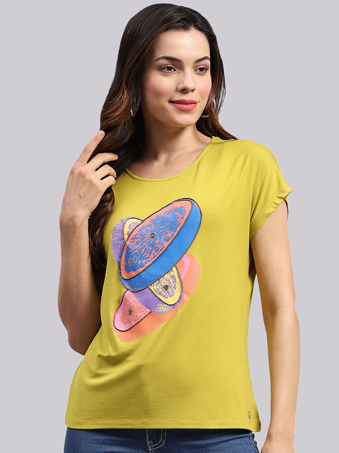 

Monte Carlo Graphic Printed Round Neck Short Sleeves Casual Top, Yellow