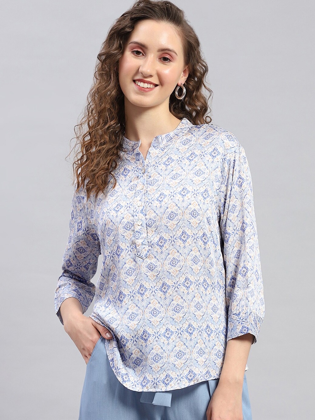 

Monte Carlo Ethnic Motifs Printed Mandarin Collar Cuffed Sleeves Shirt Style Top, Blue
