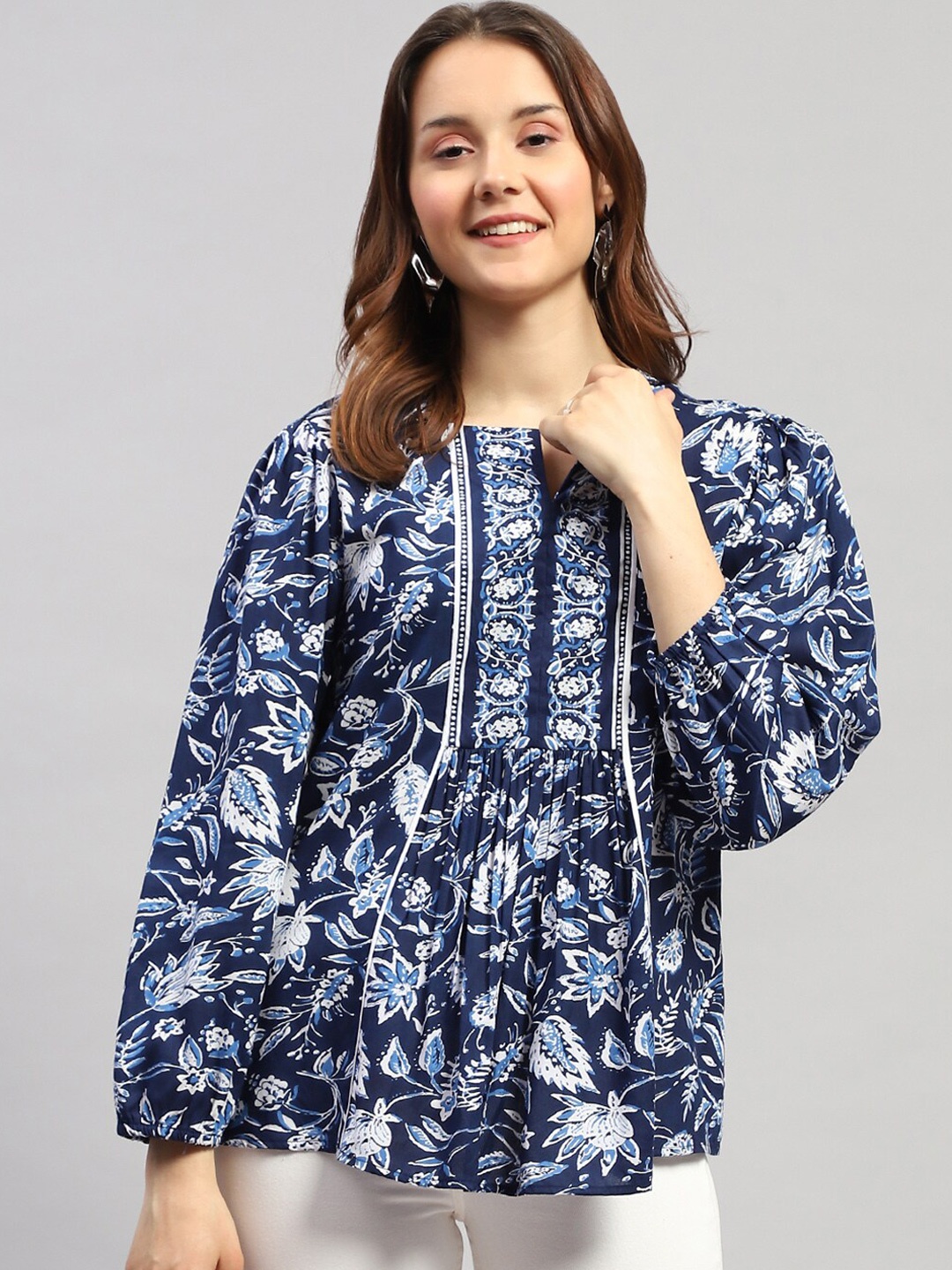 

Monte Carlo Floral Printed Puff Sleeve A-Line Top, Blue