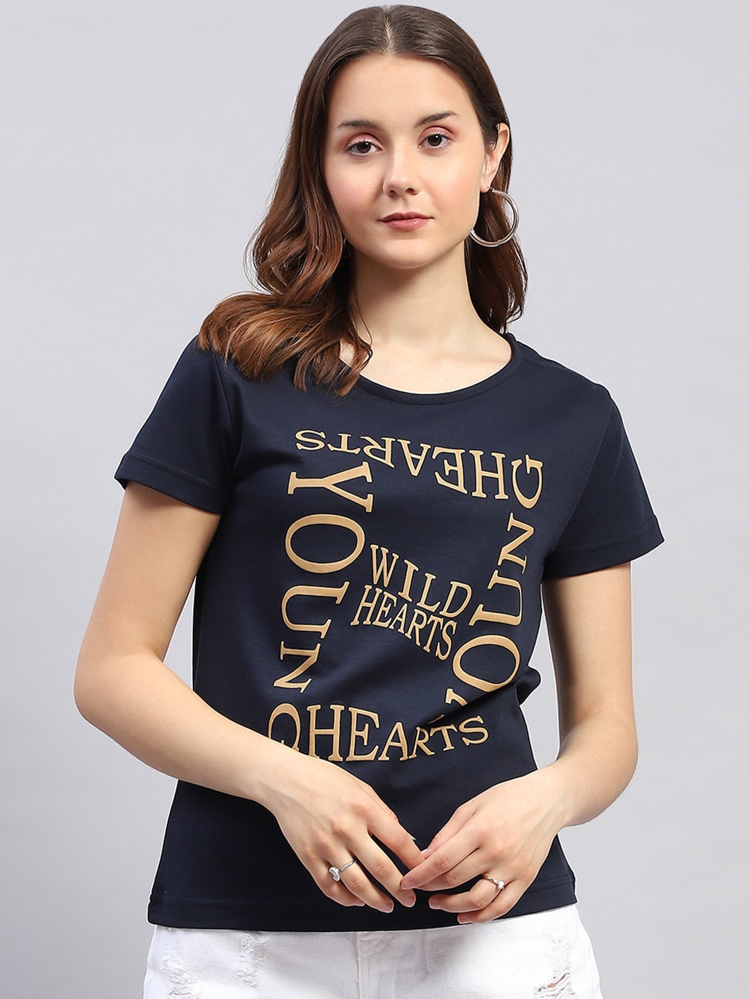 

Monte Carlo Typography Printed Round Neck Short Sleeves Top, Navy blue