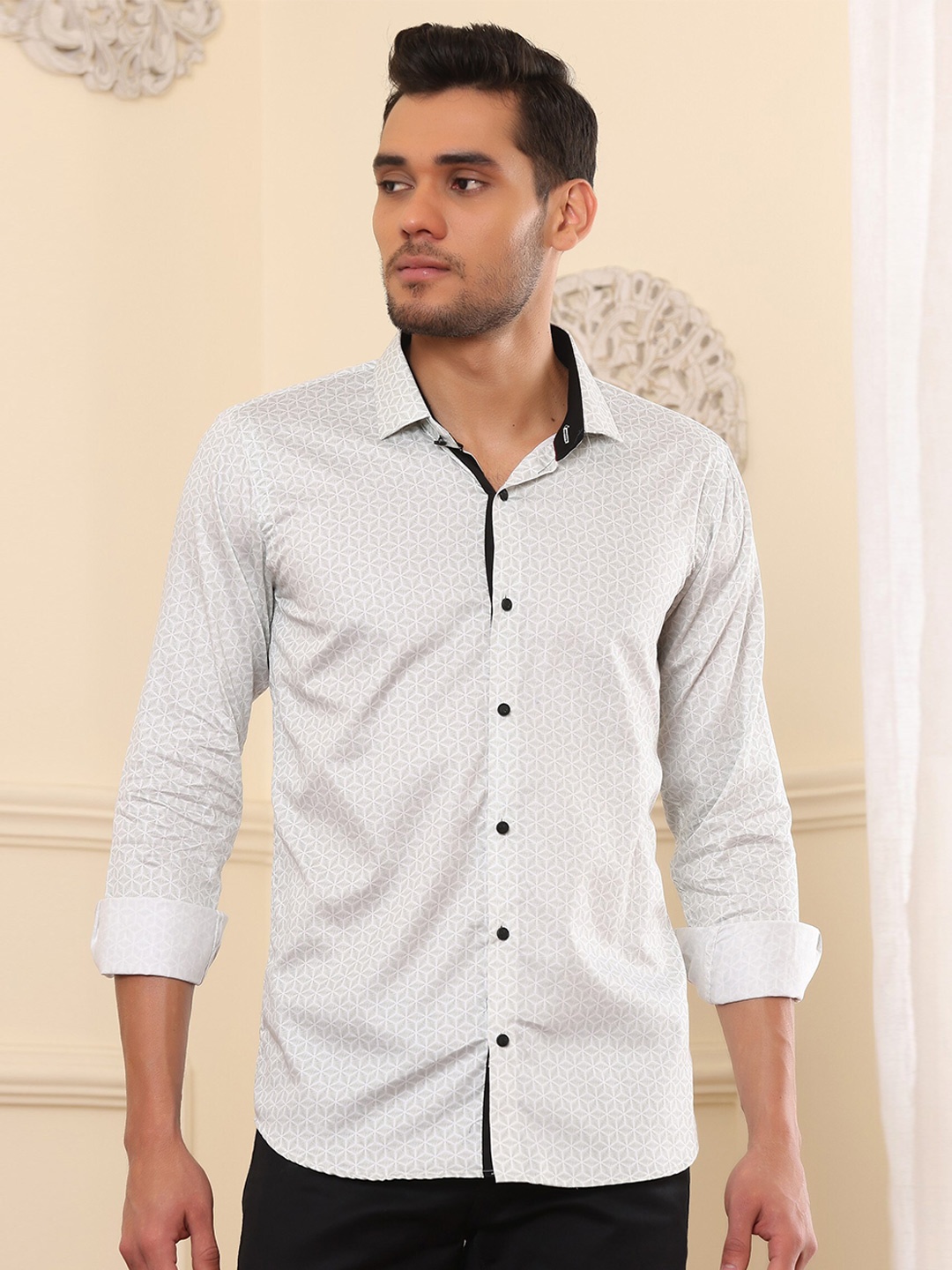 

FILO HEVIS Classic Geometric Printed Cotton Casual Shirt, White