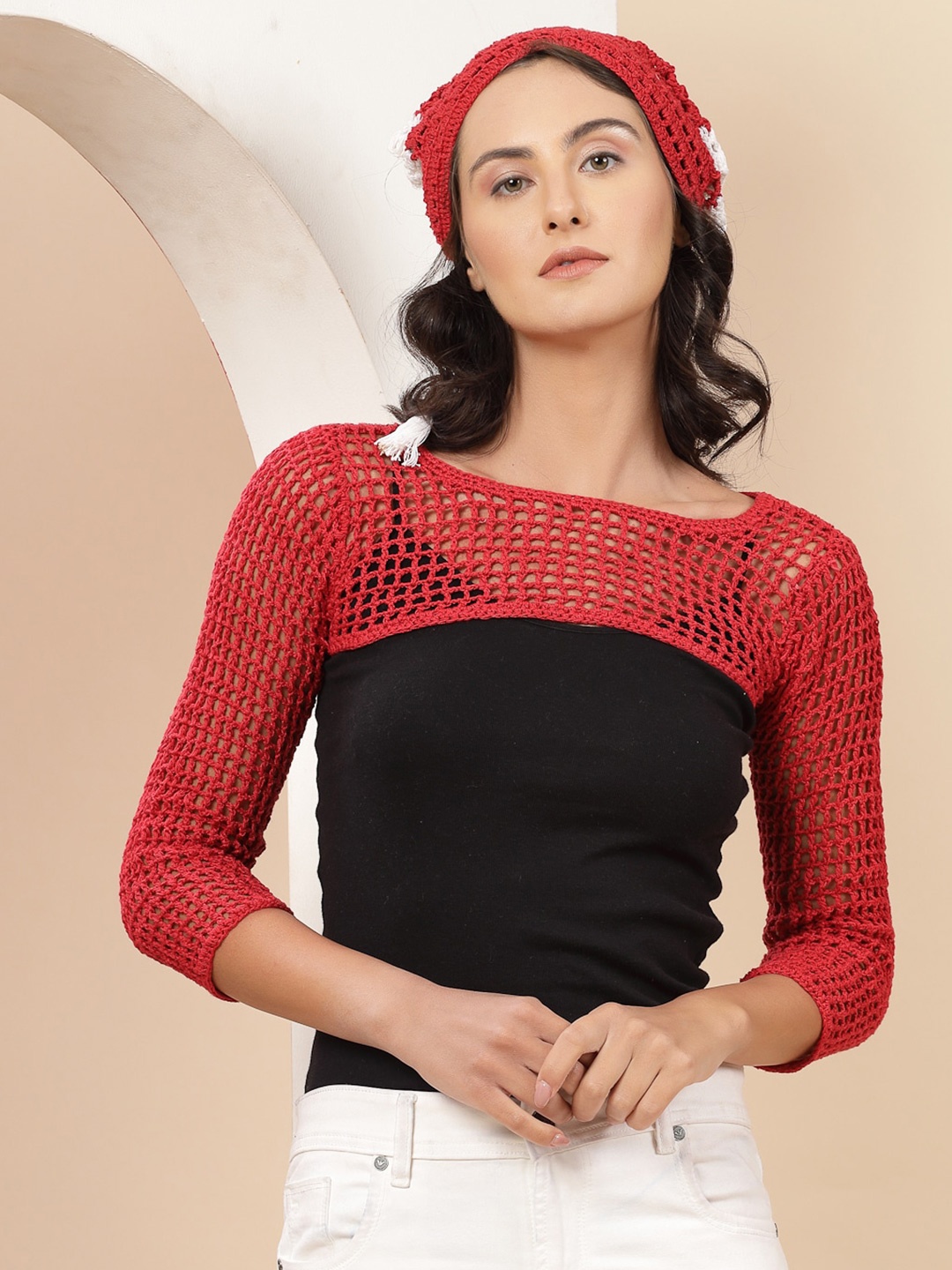 

Velvery Cotton Bolero Shrug Hand Knitted Summer Crochet Top, Red