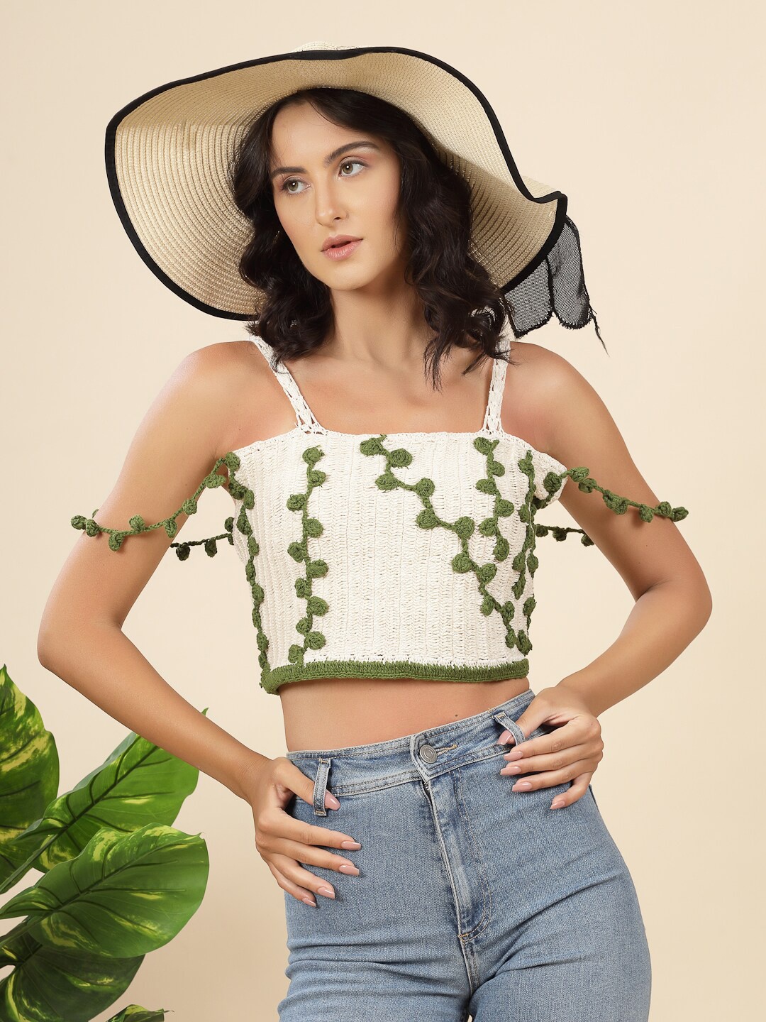 

Velvery Self Design Shoulder Straps Cotton Crochet Fitted Crop Top, White