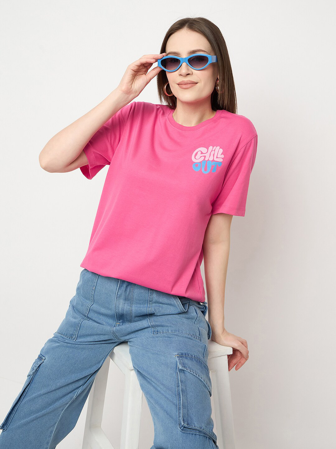 

Mast & Harbour Typography Printed Drop-Shoulder Sleeves Cotton Oversized T-shirt, Pink
