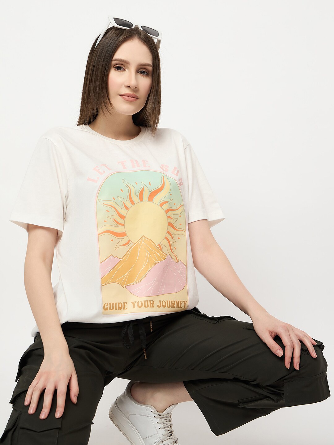 

Mast & Harbour Graphic Printed Pure Cotton Oversized T-shirt, White