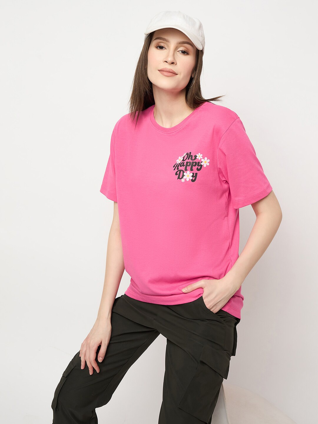 

Mast & Harbour Typography Printed Pure Cotton Oversized T-shirt, Pink