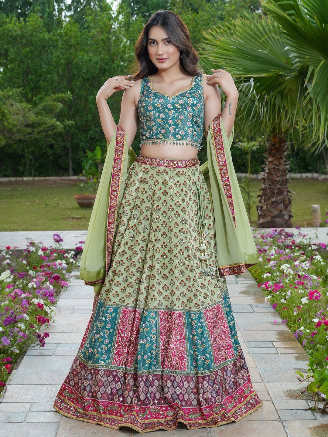 

ALIYANA Embellished V-Neck Silk Ready to Wear Lehenga & Blouse With Dupatta, Blue