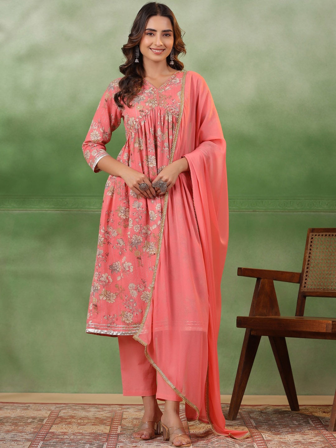 

Sangria Floral Printed V-Neck Gotta Patti Pure Cotton A-Line Kurta With Trouser & Dupatta, Peach