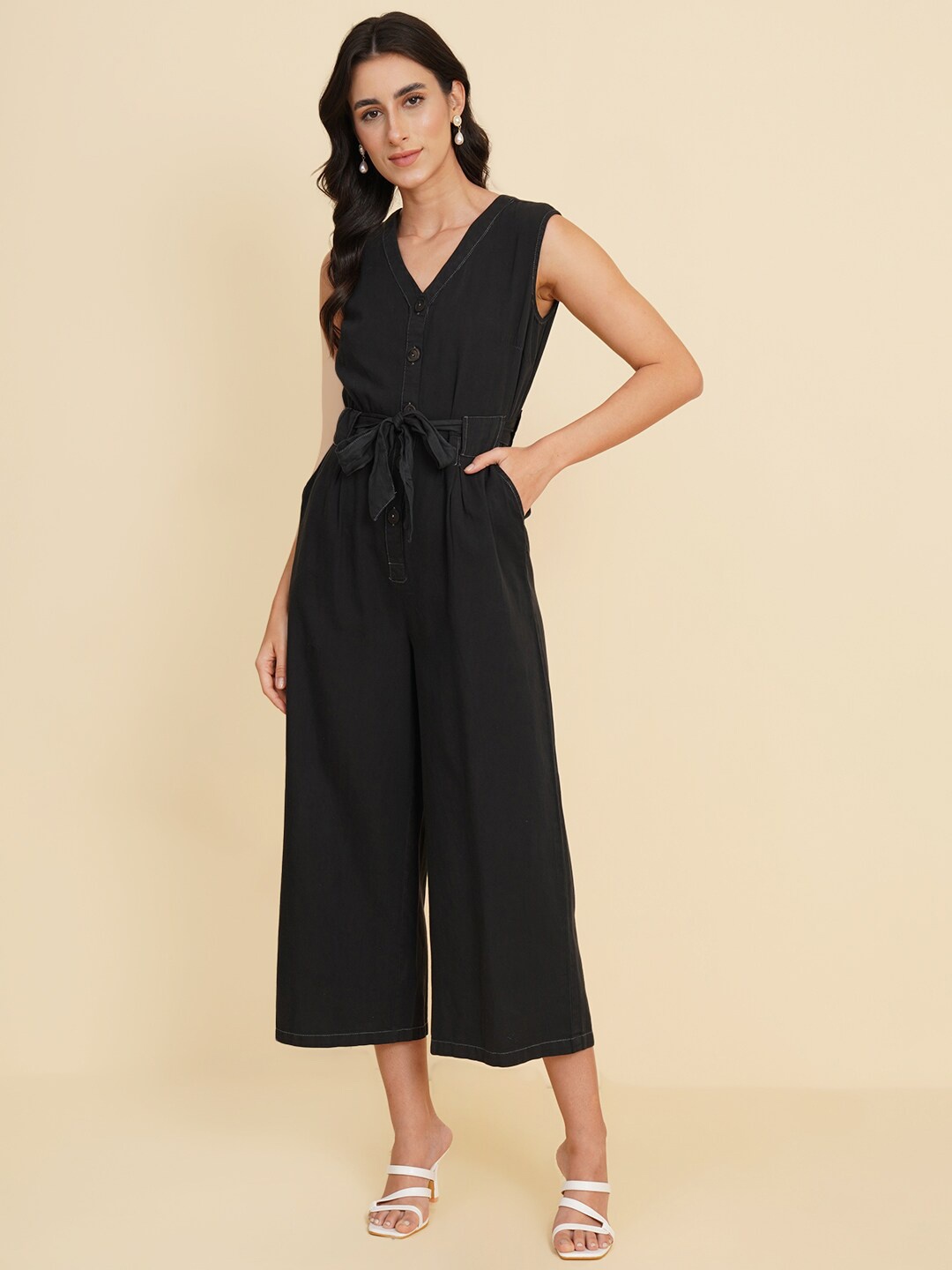 

HOUSE OF KKARMA Sleeveless Tie Up Neck Culotte Jumpsuit, Black