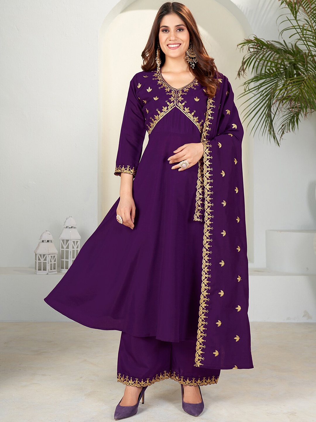 

KALINI Ethnic Motifs Embroidered Regular Kurta with Palazzos & With Dupatta, Purple