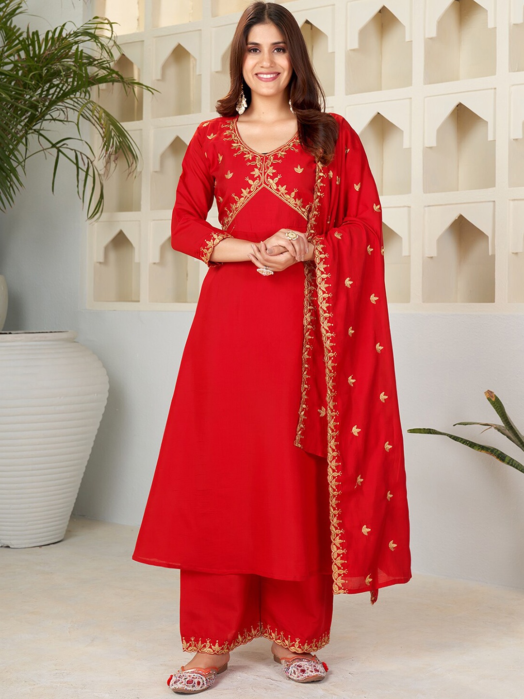 

KALINI Ethnic Motifs Embroidered Regular Kurta with Palazzo & Dupatta, Red