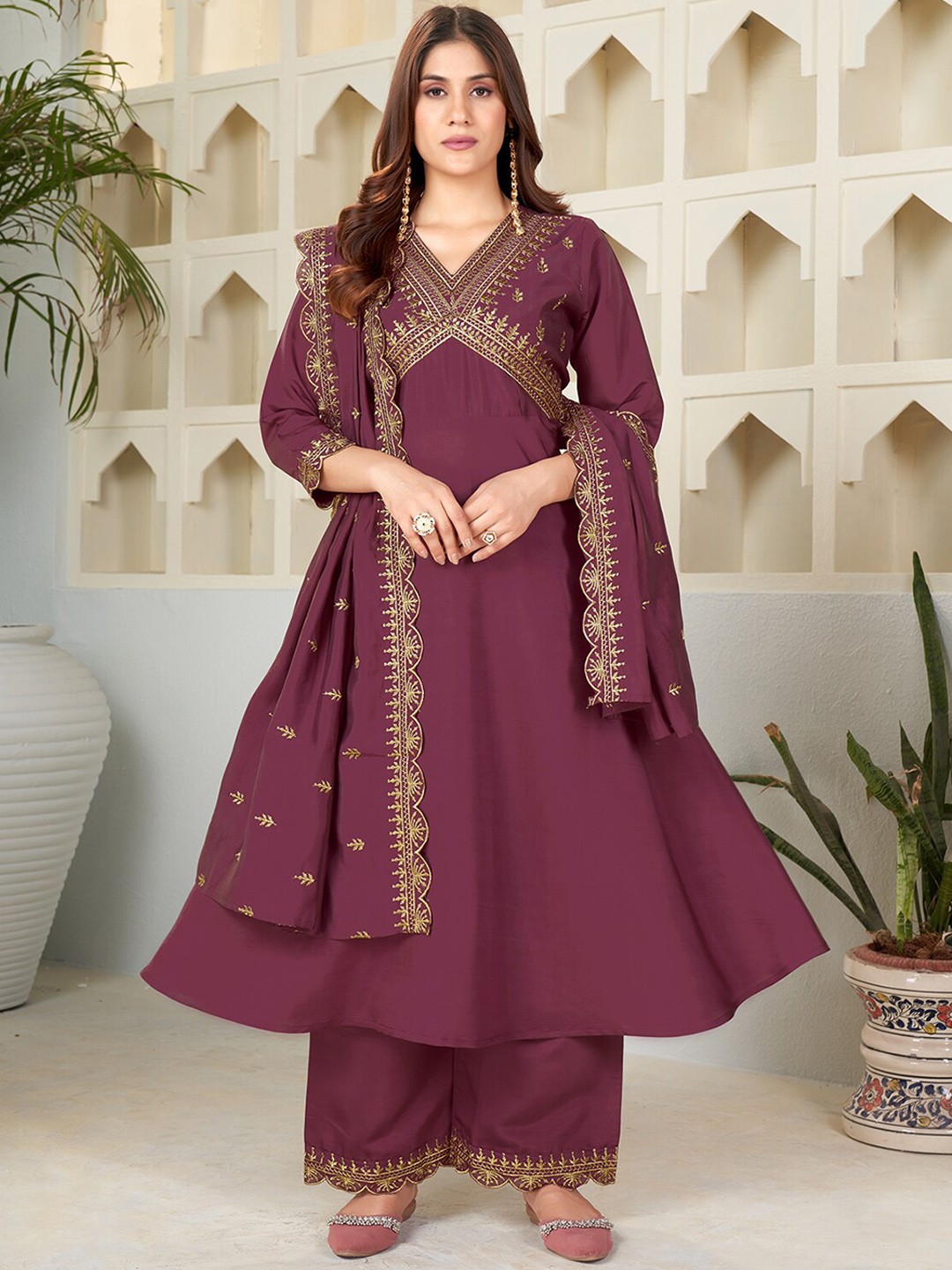 

KALINI Ethnic Motifs Embroidered Sequinned Anarkali Kurta With Palazzos & Dupatta, Purple
