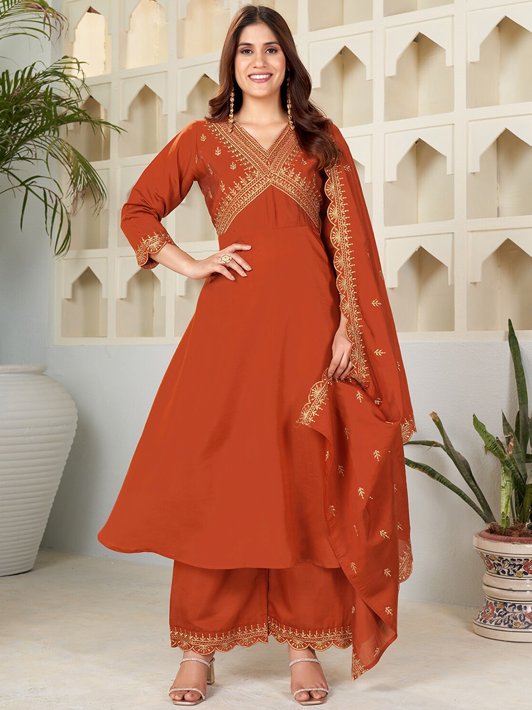 

KALINI Ethnic Motifs Embroidered Regular Thread Work Kurta With Palazzos & Dupatta, Rust