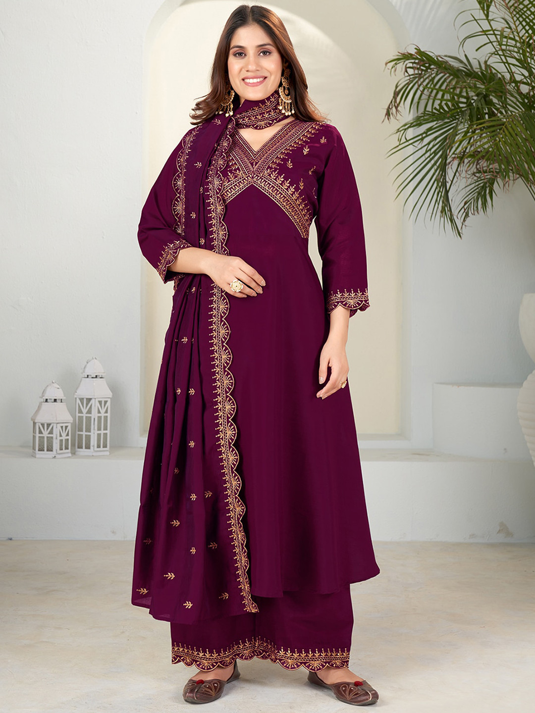 

KALINI Ethnic Motifs Embroidered Sequinned Anarkali Kurta With Palazzos & Dupatta, Purple