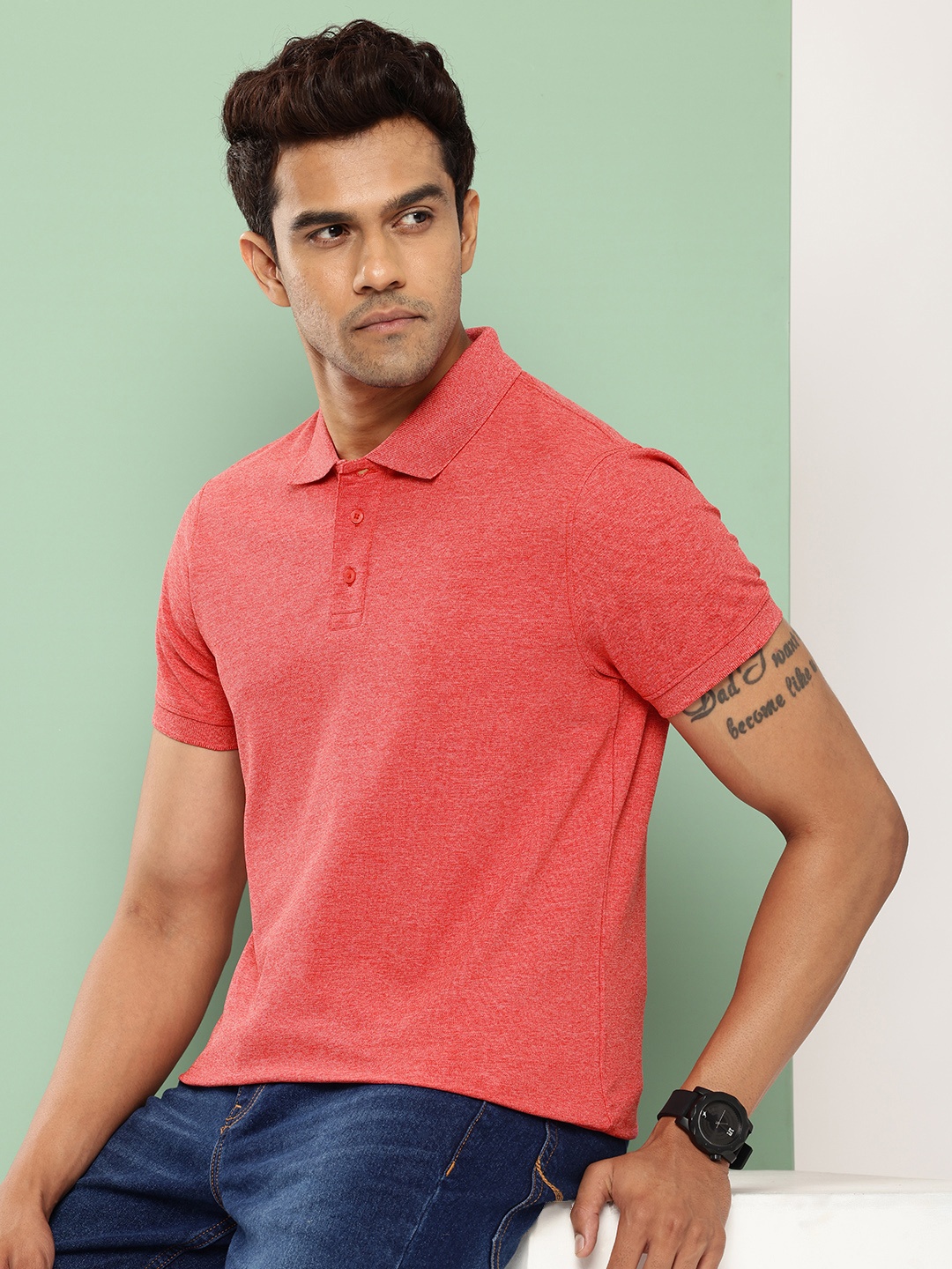 

ether Men Self Design Polo Collar Antimicrobial T-shirt, Red