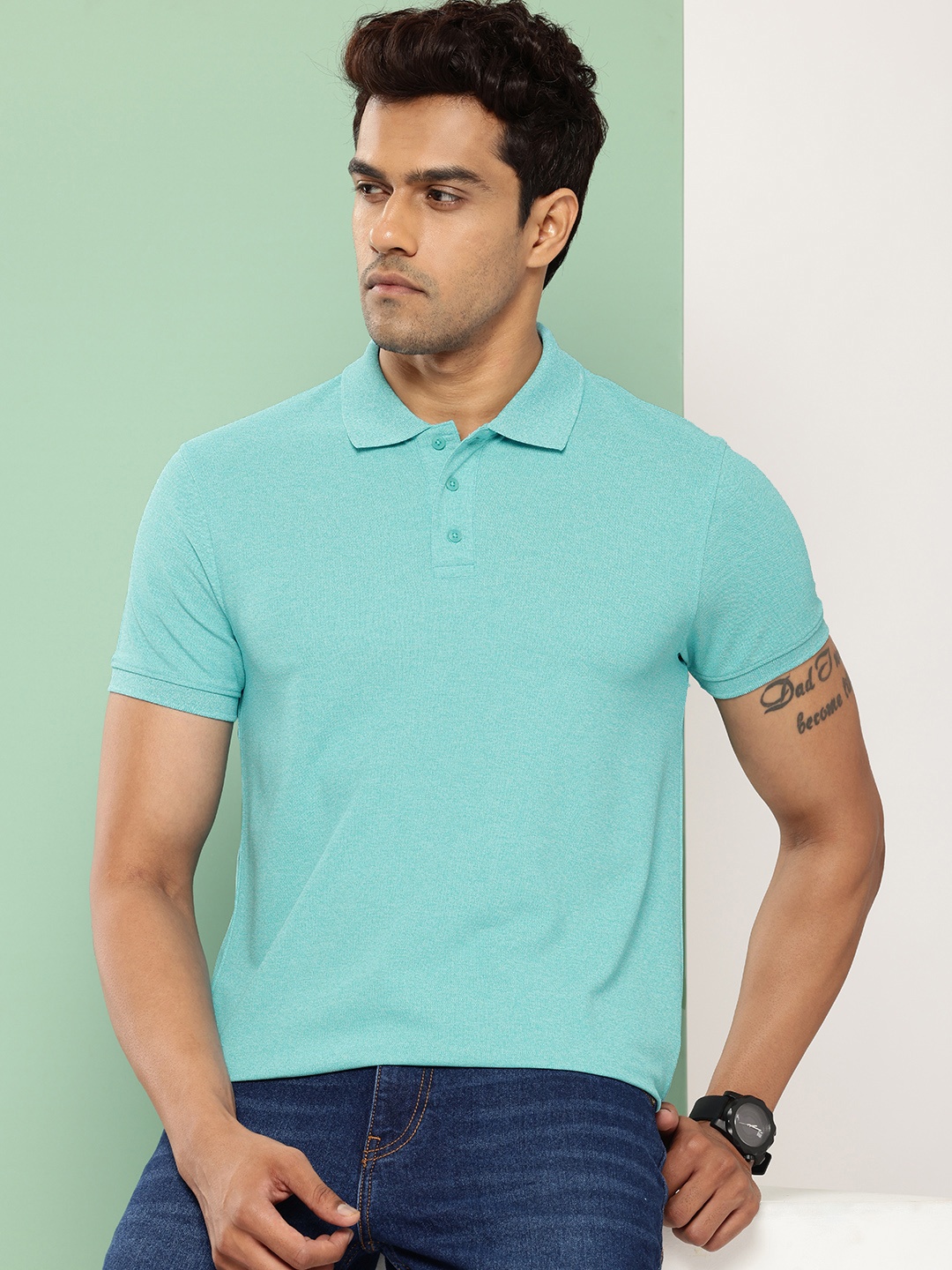 

ether Men Solid Polo Collar Antimicrobial T-shirt, Turquoise blue