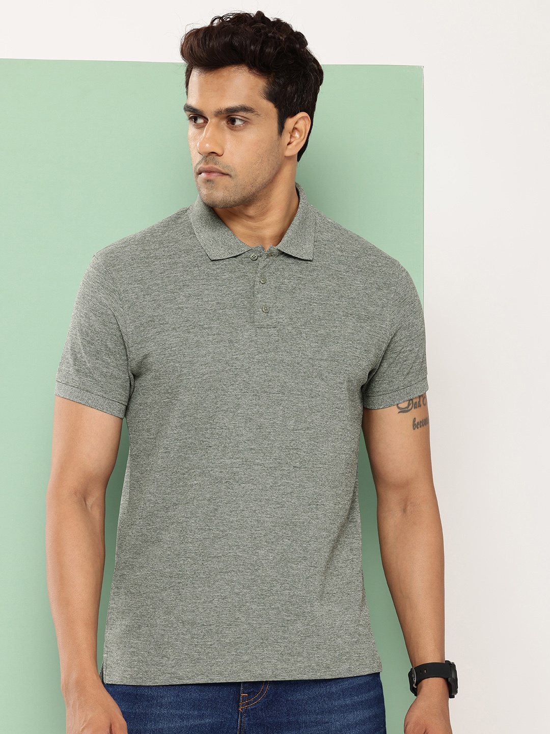 

ether Men Self Design Polo Collar Antimicrobial T-shirt, Olive