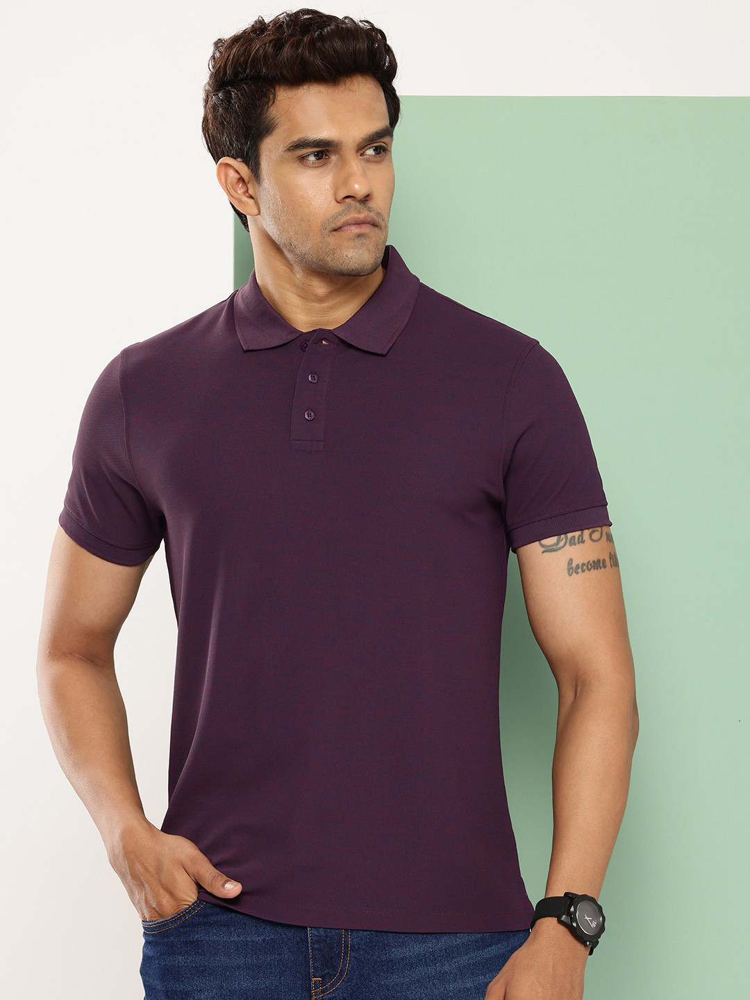 

ether Men Solid Polo Collar Antimicrobial T-shirt, Purple