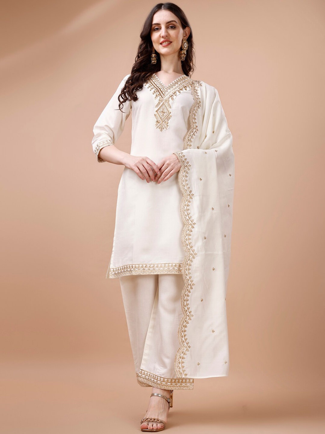 

KALINI Ethnic Motifs Embroidered Sequinned Straight Kurta With Palazzos & Dupatta, White