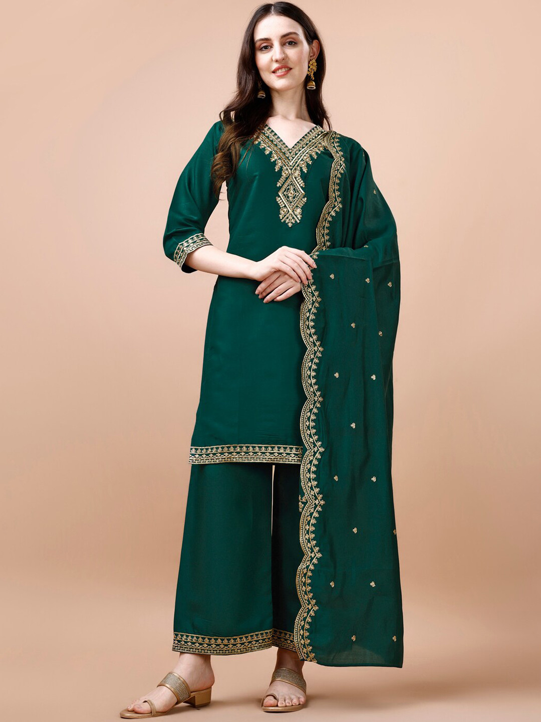 

KALINI Ethnic Motifs Embroidered Regular Kurta with Palazzo & Dupatta, Green