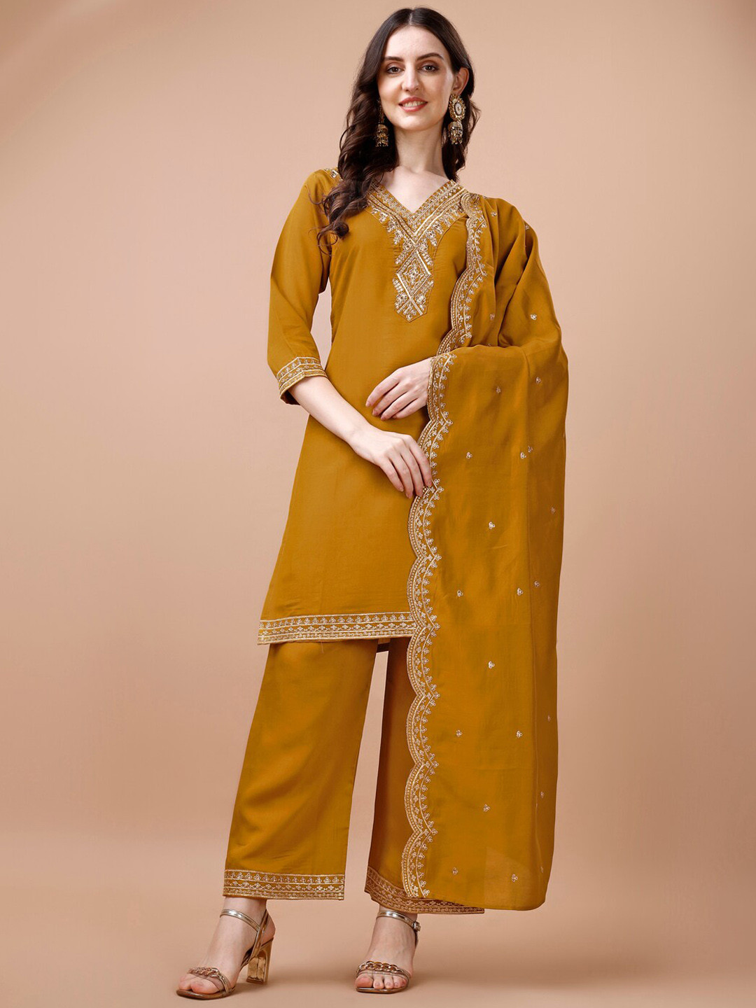 

KALINI Ethnic Motifs Embroidered Zari Straight Kurta With Palazzos & Dupatta, Yellow