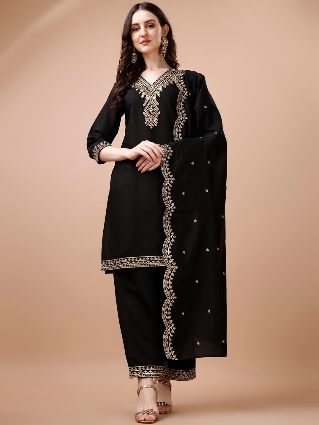

KALINI Ethnic Motifs Embroidered Regular Straight Kurta With Palazzos & Dupatta, Black