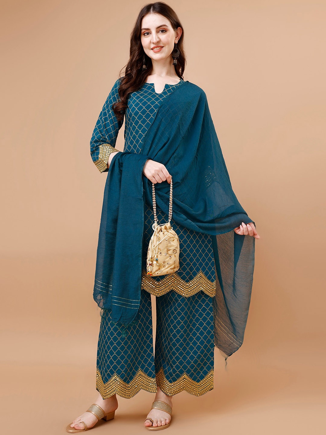 

KALINI Geometric Embroidered Regular Straight Kurta With Palazzos & Dupatta, Blue