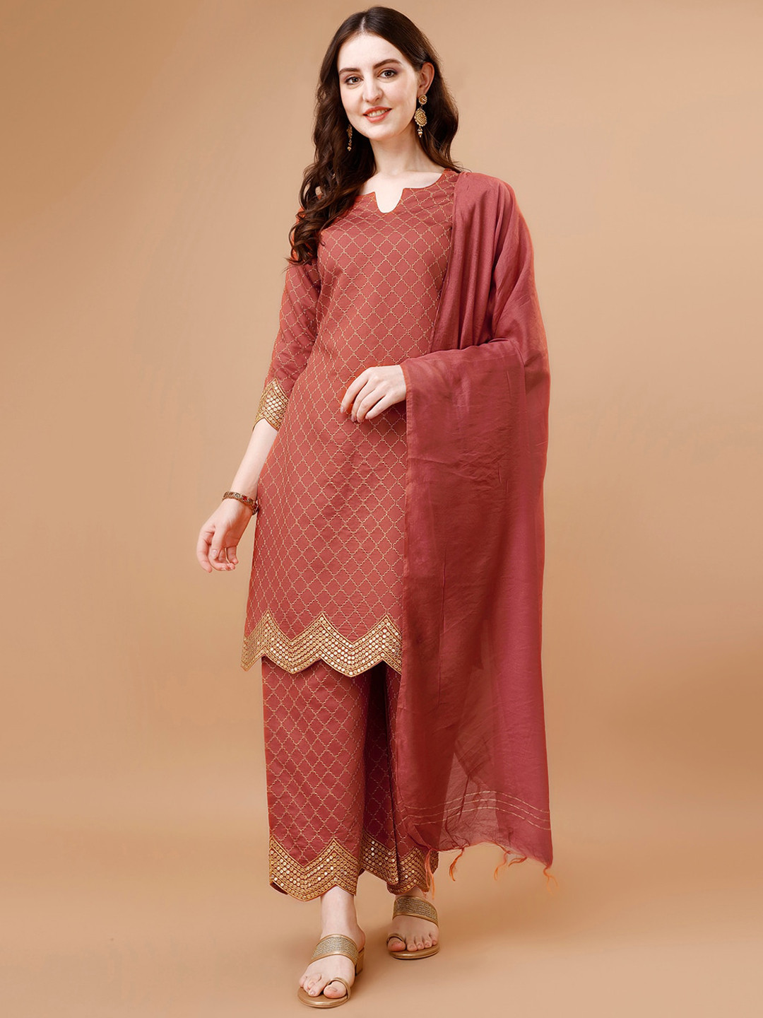 

KALINI Geometric Embroidered Regular Sequinned Straight Kurta With Palazzos & Dupatta, Rust