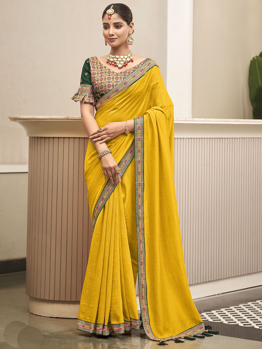 

VIRICA Embroidered Satin Saree, Yellow