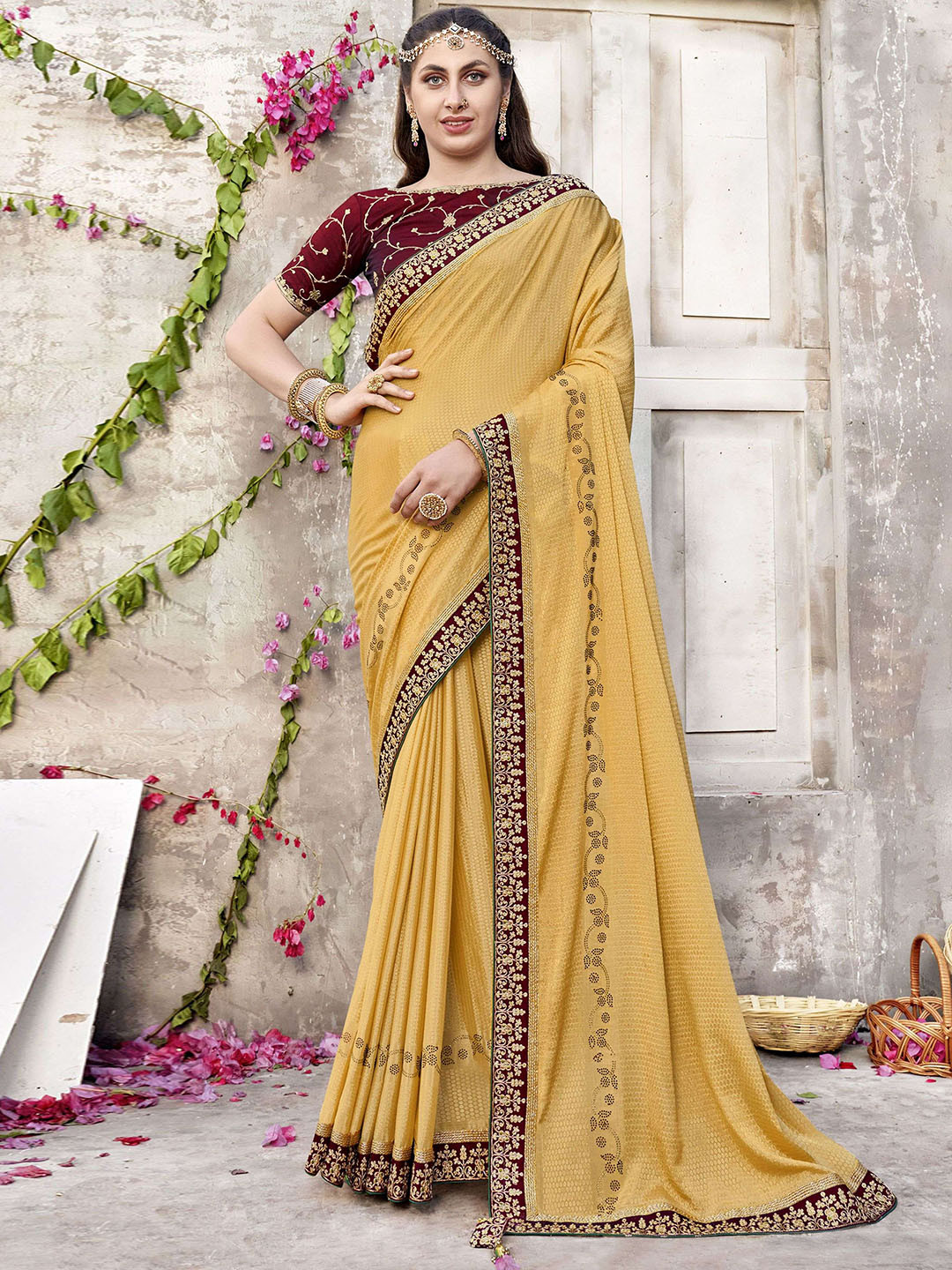 

VIRICA Embellished Embroidered Saree, Yellow