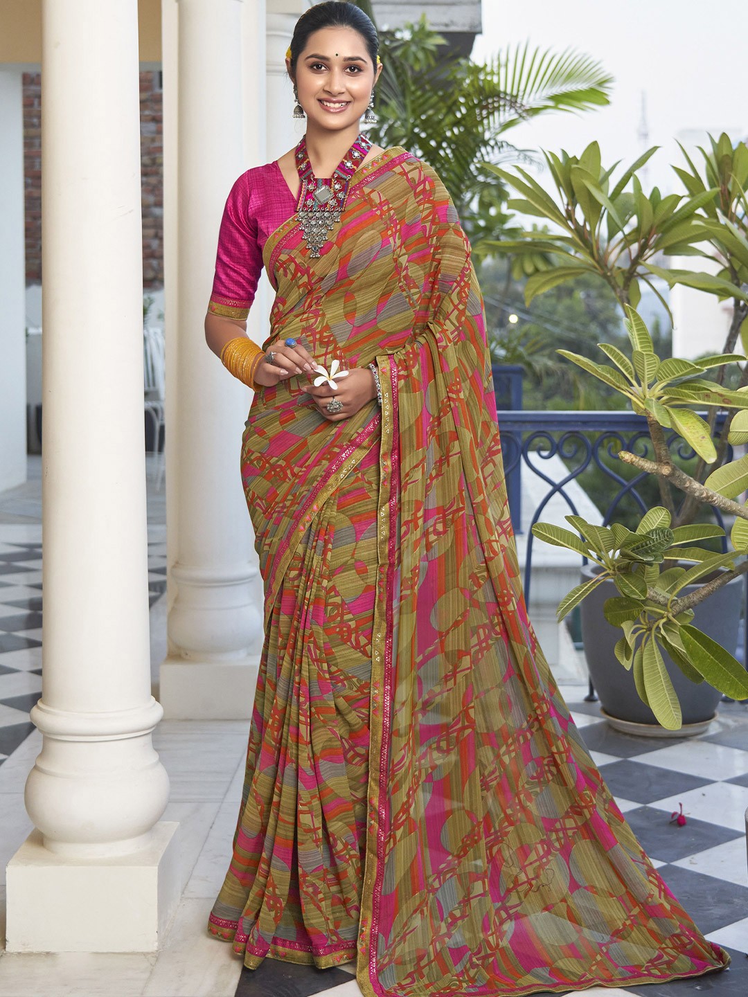 

VIRICA Abstract Print Pure Georgette Leheriya Saree, Olive