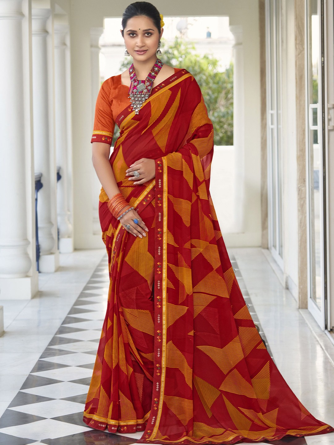 

VIRICA Abstract Pure Georgette Leheriya Saree, Orange