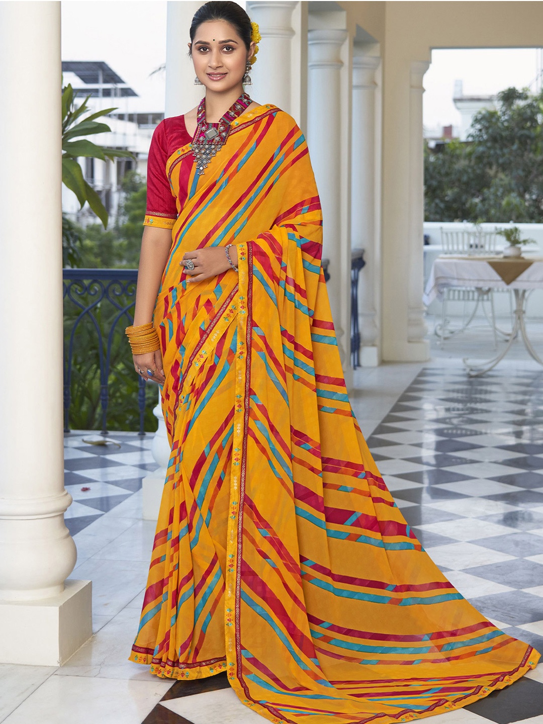 

VIRICA Striped printed Pure Georgette Leheriya Saree, Yellow
