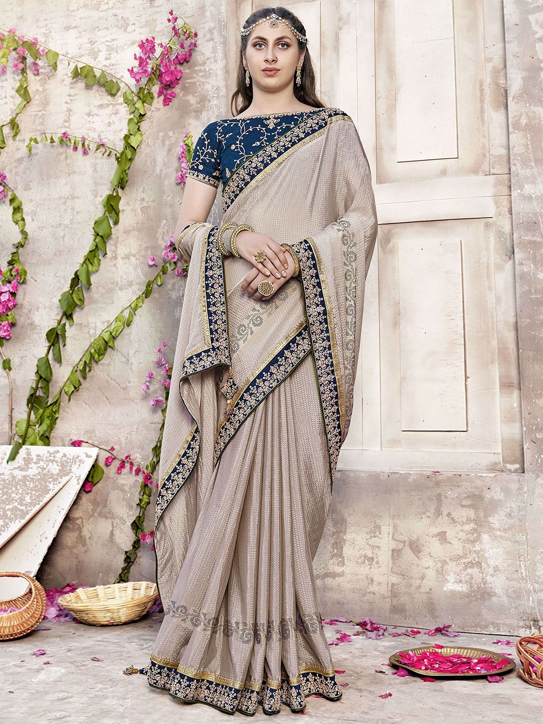 

VIRICA Embellished Embroidered Saree, Beige