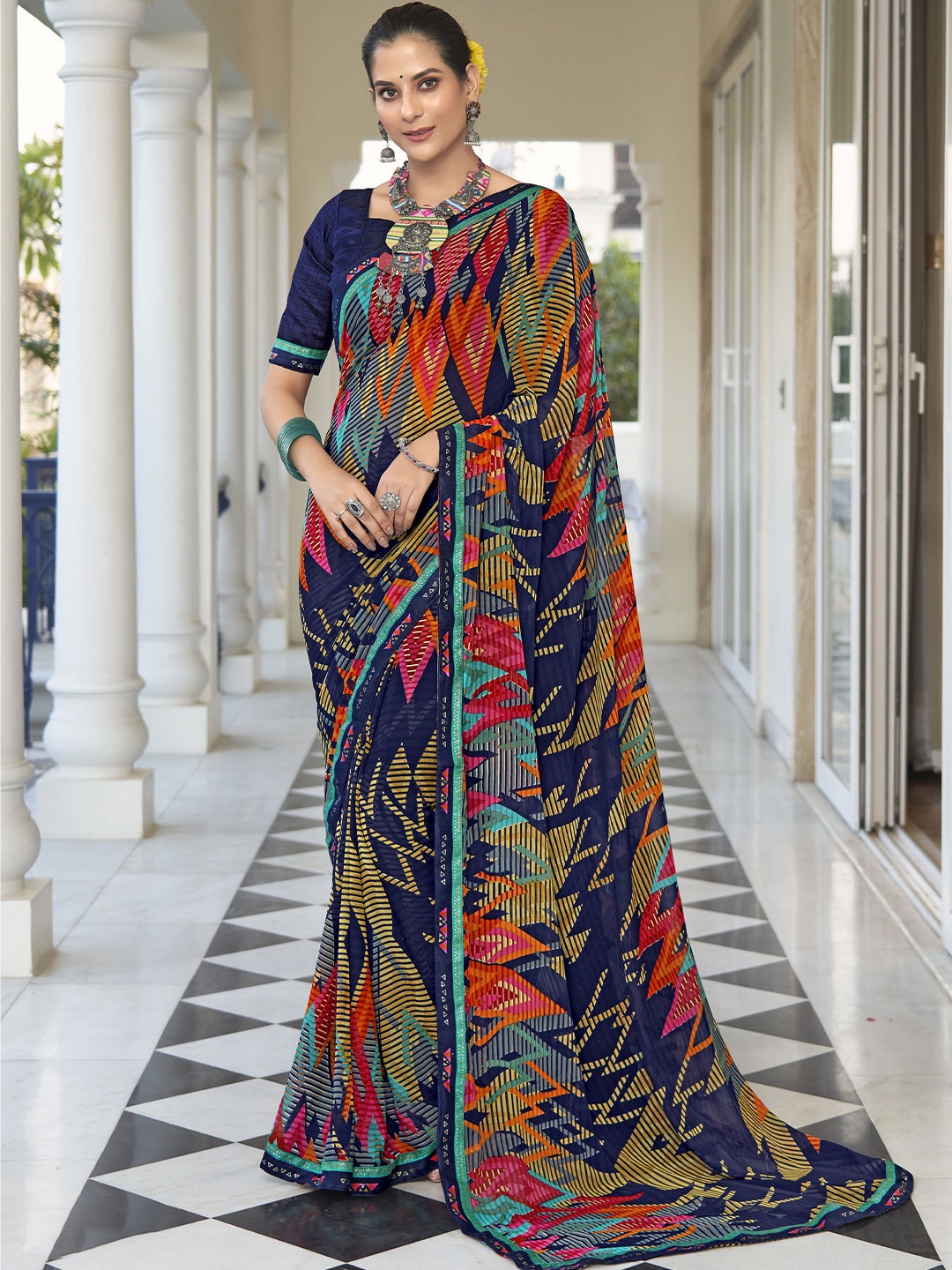 

VIRICA Printed Pure Georgette Saree, Navy blue