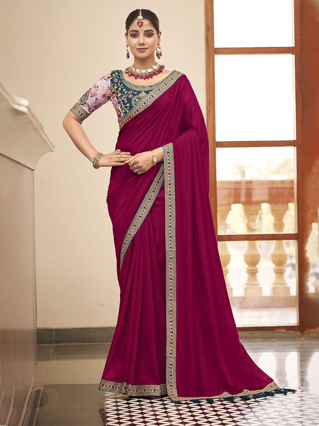 

VIRICA Sequinned Satin Saree, Red
