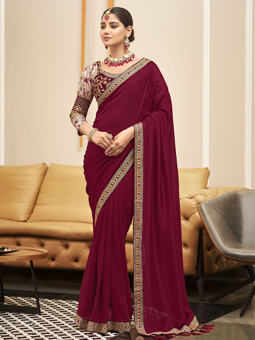 

VIRICA Embroidered Zari Satin Saree, Maroon