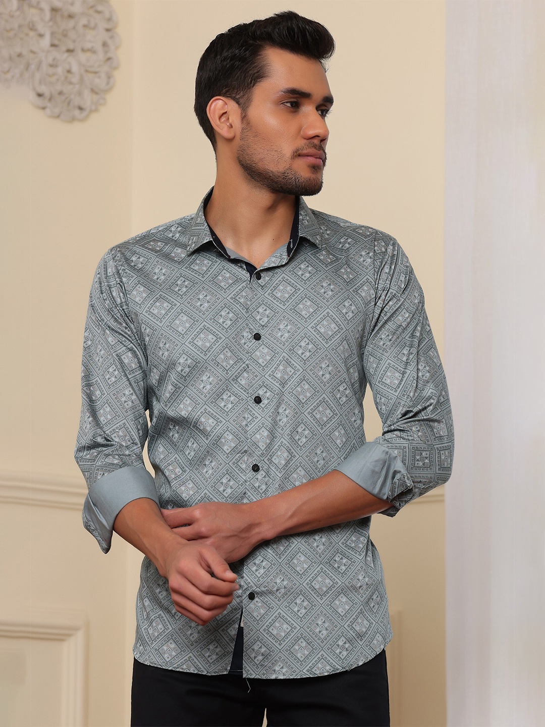 

FILO HEVIS Classic Geometric Printed Satin Cotton Casual Shirt, Green
