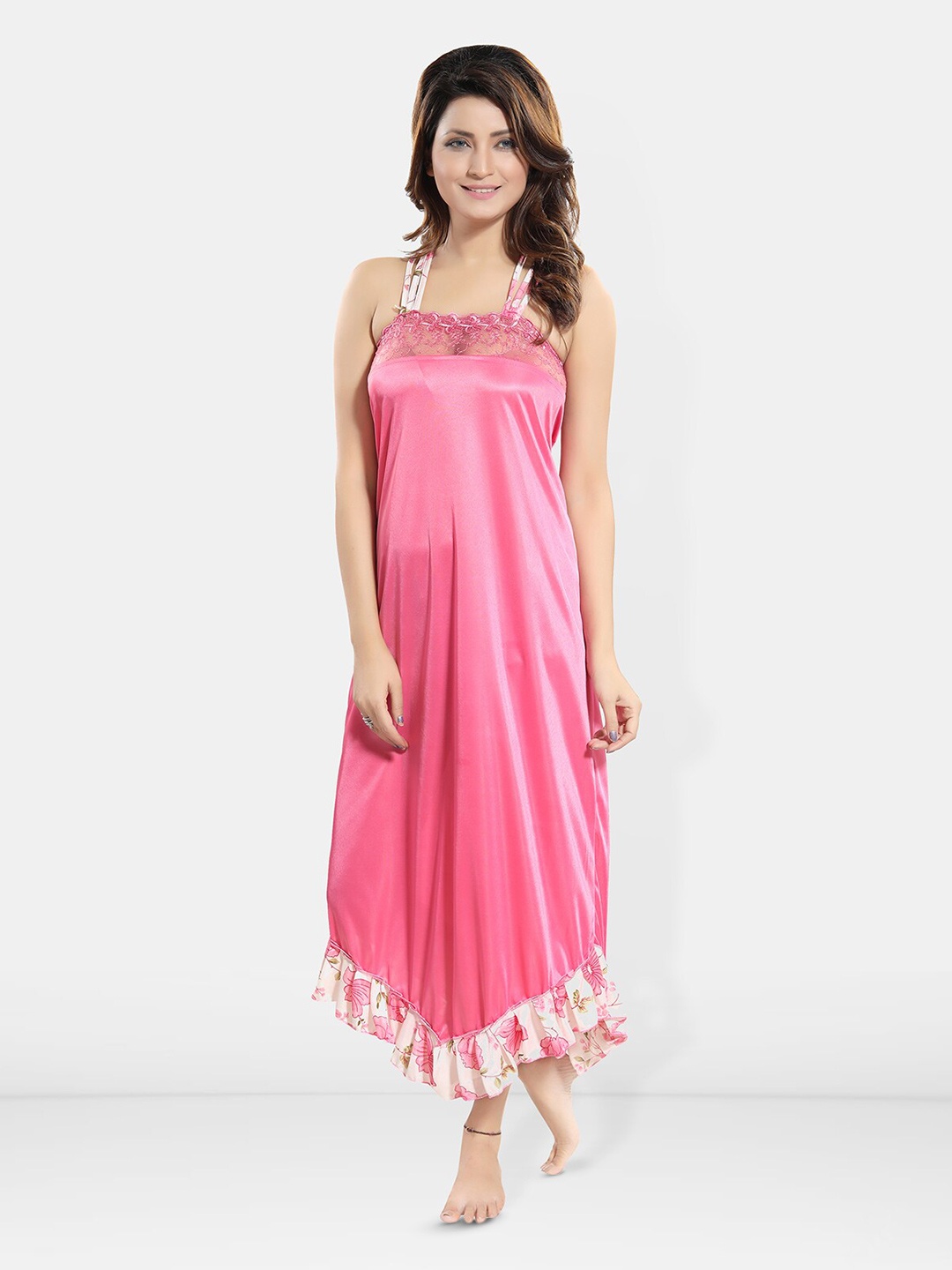 

Be You Printed Shoulder Straps Satin Midi Nightdress, Pink