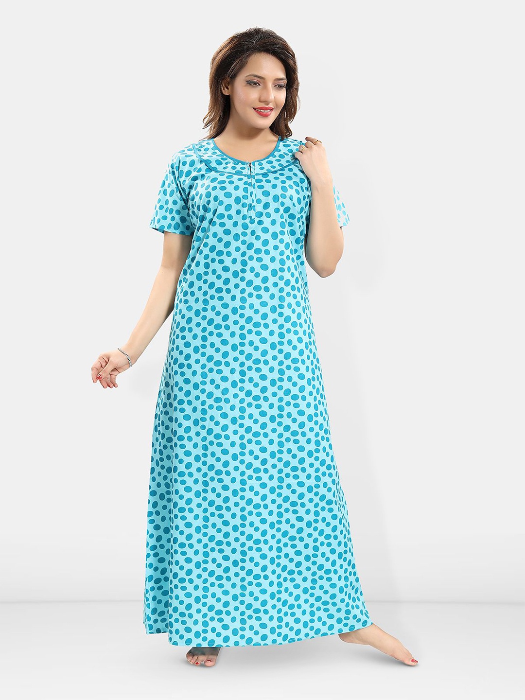 

Be You Polka Dots Printed Pure Cotton Maxi Nightdress, Blue